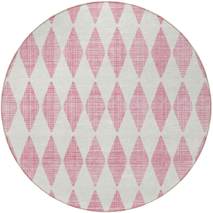 8' Pink And Ivory Round Geometric Washable Indoor Outdoor Area Rug Photo 4