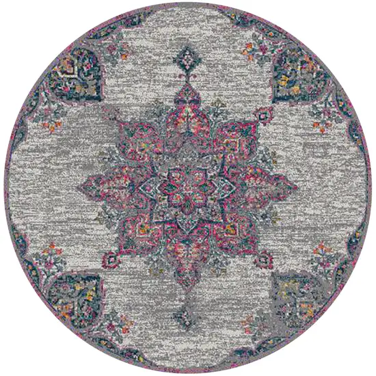 7' Pink Round Medallion Power Loom Area Rug Photo 1