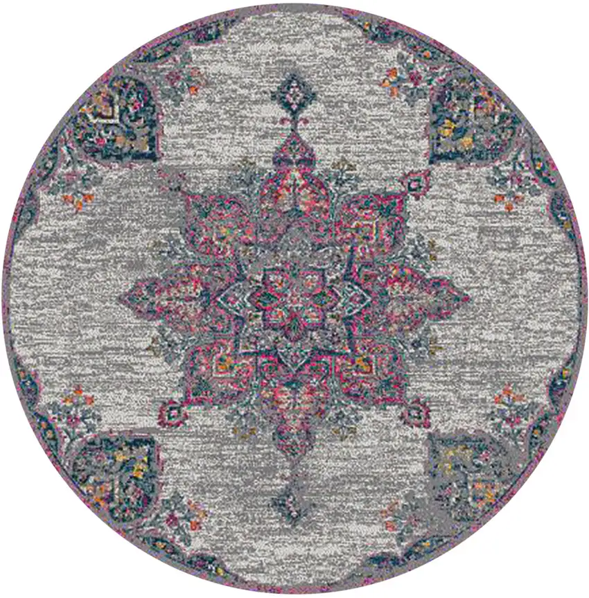 7' Pink Round Medallion Power Loom Area Rug Photo 1