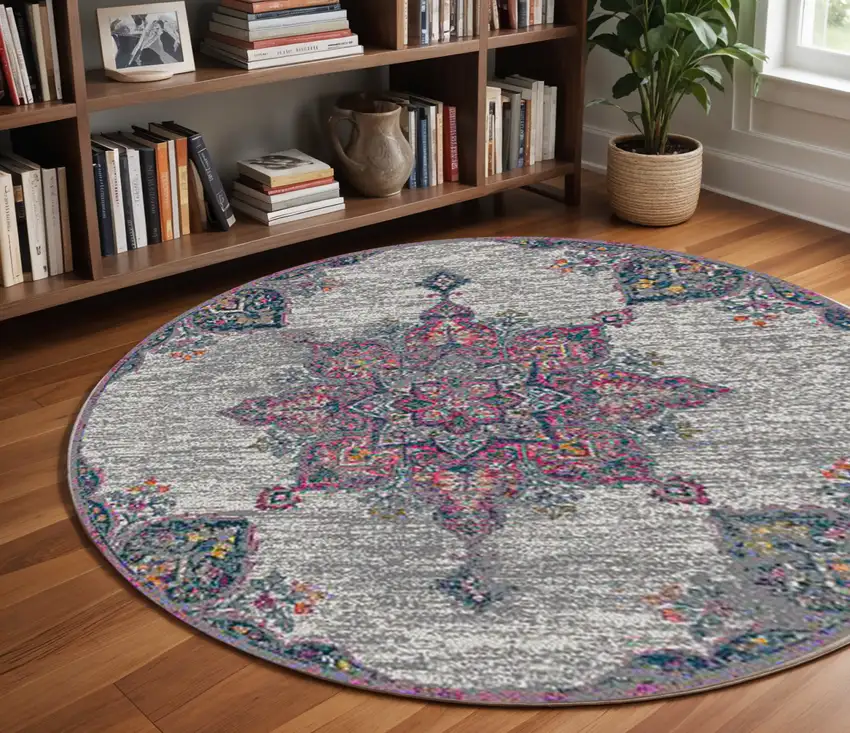 7' Pink Medallion Power Loom Round Rug Photo 1