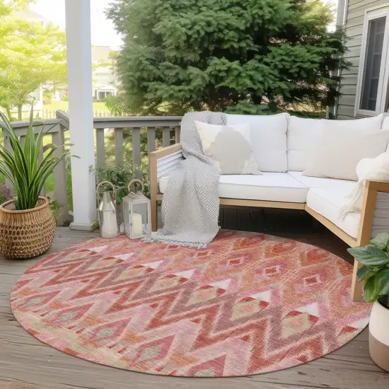 8' Pink Salmon And Blush Round Southwestern Washable Indoor Outdoor Area Rug Photo 6