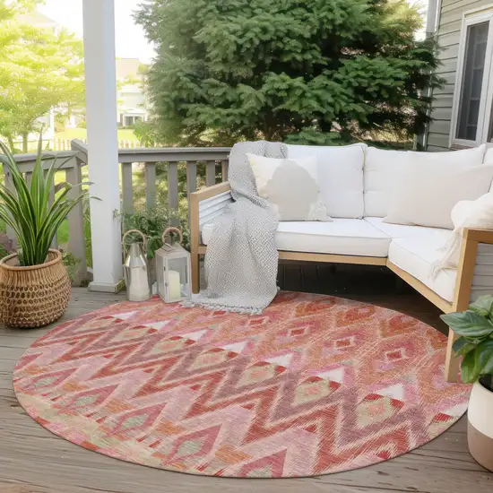 8' Pink Salmon And Blush Round Southwestern Washable Indoor Outdoor Area Rug Photo 6