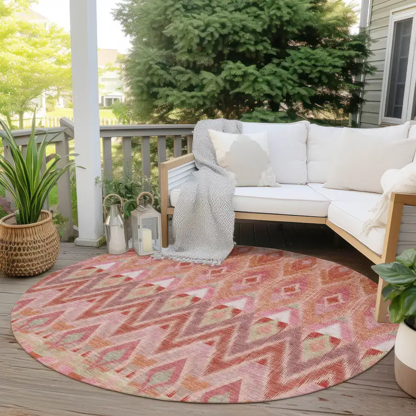 8' Pink Salmon And Blush Round Southwestern Washable Indoor Outdoor Area Rug Photo 6