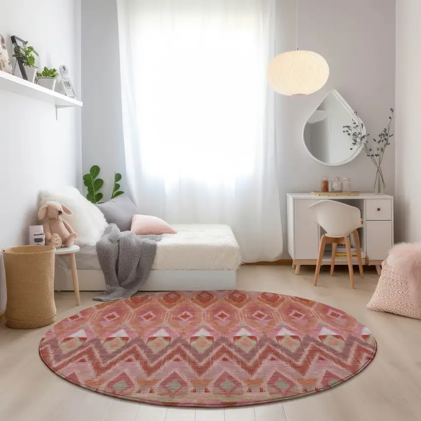 8' Pink Salmon And Blush Round Southwestern Washable Indoor Outdoor Area Rug Photo 7