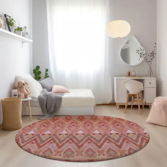 8' Pink Salmon And Blush Round Southwestern Washable Indoor Outdoor Area Rug Photo 7