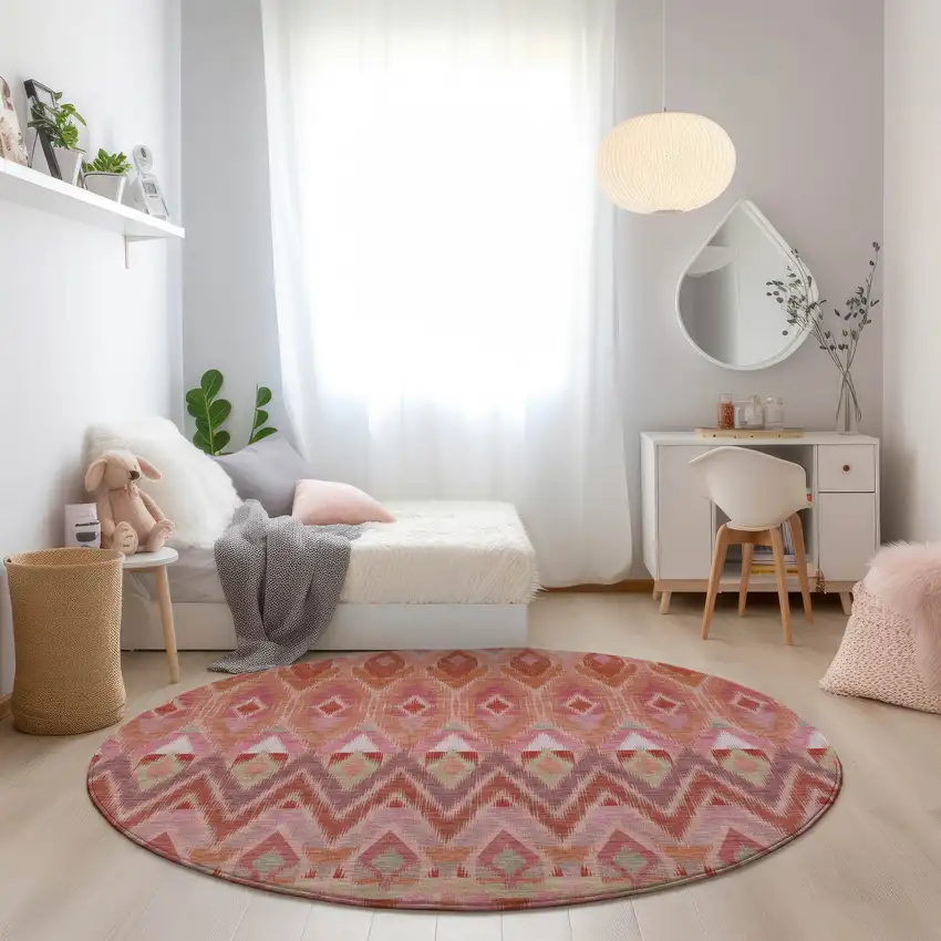 8' Pink Salmon And Blush Round Southwestern Washable Indoor Outdoor Area Rug Photo 7