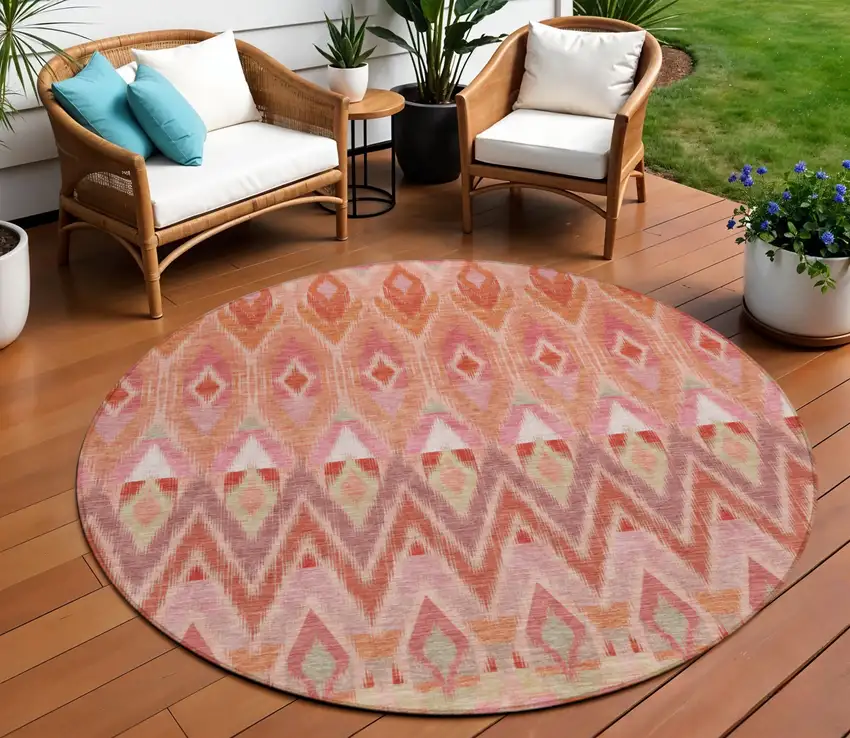 8' Pink Salmon And Blush Round Southwestern Washable Indoor Outdoor Area Rug Photo 1