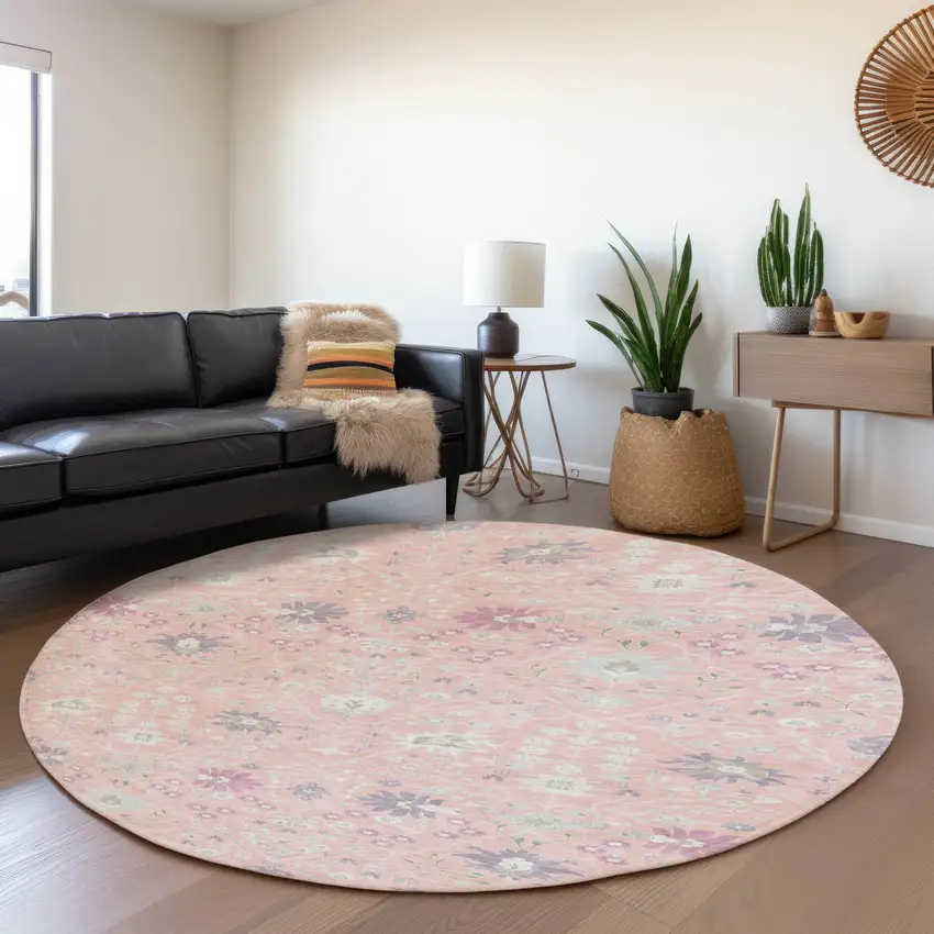 8' Pink Silver And Lavender Oriental Washable Round Rug With UV Protection Photo 4