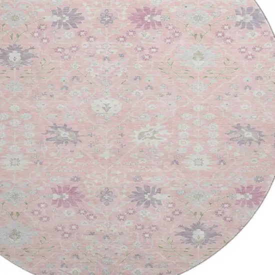 8' Pink Silver And Lavender Oriental Washable Round Rug With UV Protection Photo 2