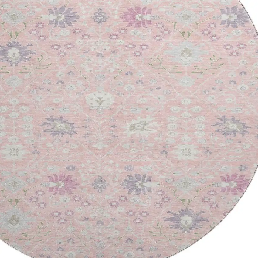 8' Pink Silver And Lavender Oriental Washable Round Rug With UV Protection Photo 2