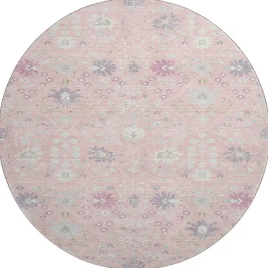 8' Pink Silver And Lavender Oriental Washable Round Rug With UV Protection Photo 3