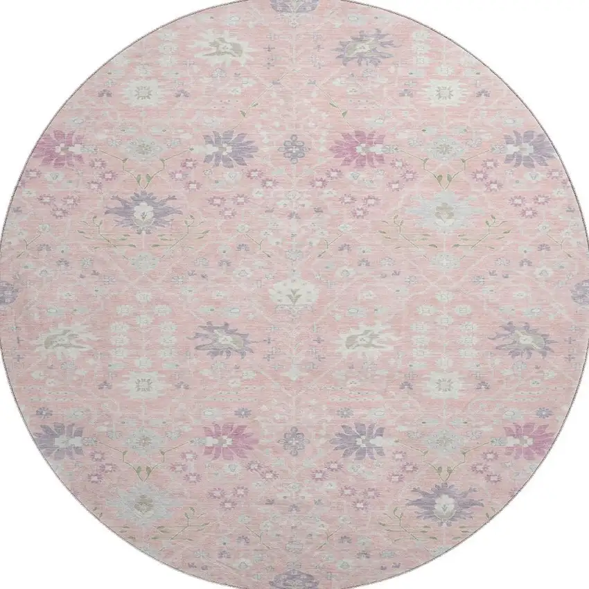 8' Pink Silver And Lavender Oriental Washable Round Rug With UV Protection Photo 3