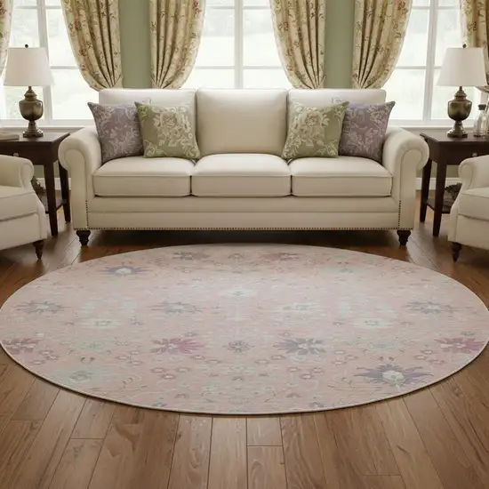 8' Pink Silver And Lavender Oriental Washable Round Rug With UV Protection Photo 2