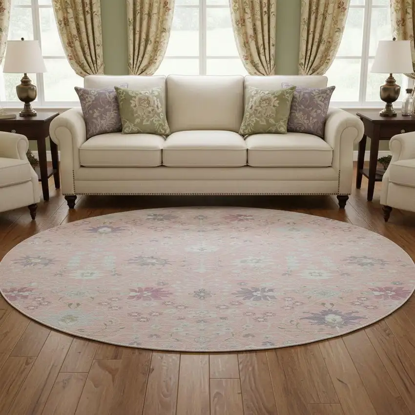 8' Pink Silver And Lavender Oriental Washable Round Rug With UV Protection Photo 2