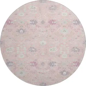 Photo of 8' Pink Silver And Lavender Oriental Washable Round Rug With UV Protection