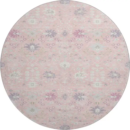 8' Pink Silver And Lavender Oriental Washable Round Rug With UV Protection Photo 1
