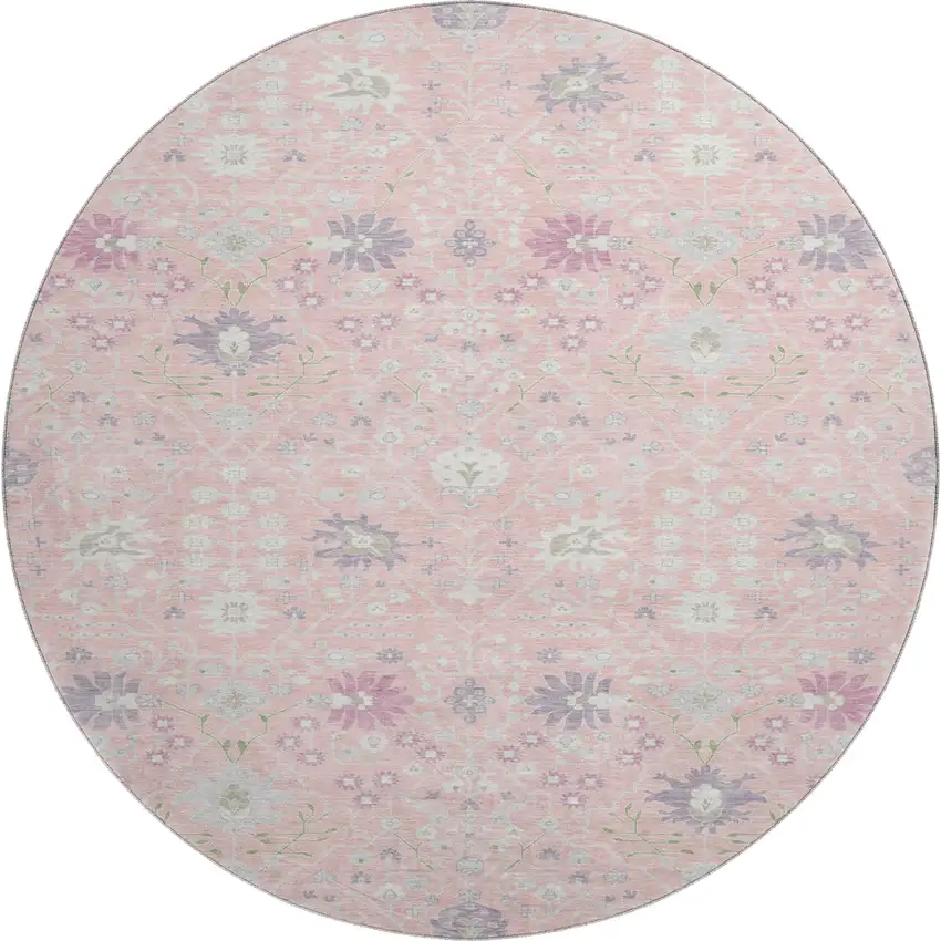 8' Pink Silver And Lavender Oriental Washable Round Rug With UV Protection Photo 1