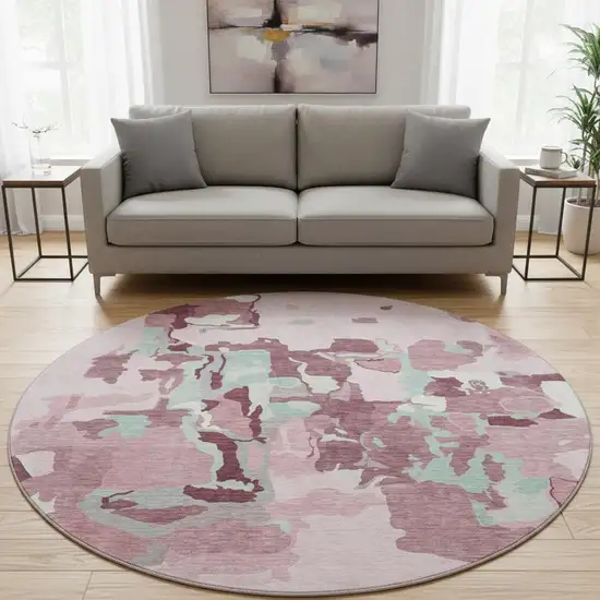8' Pink Sky Blue And Ivory Abstract Washable Round Rug With UV Protection Photo 2