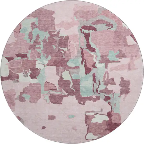 8' Pink Sky Blue And Ivory Abstract Washable Round Rug With UV Protection Photo 1
