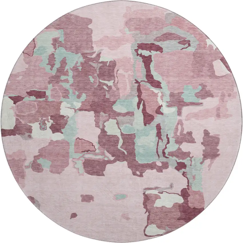 8' Pink Sky Blue And Ivory Abstract Washable Round Rug With UV Protection Photo 1