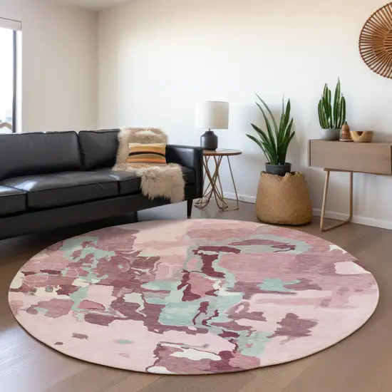 8' Pink Sky Blue And Ivory Abstract Washable Round Rug With UV Protection Photo 4