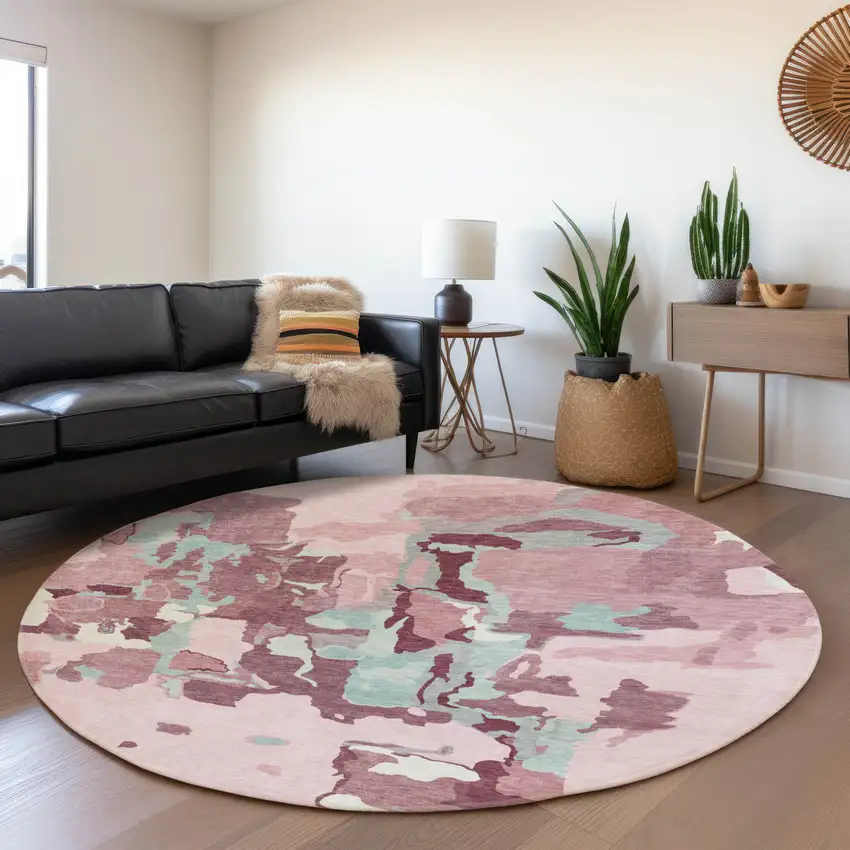 8' Pink Sky Blue And Ivory Abstract Washable Round Rug With UV Protection Photo 4