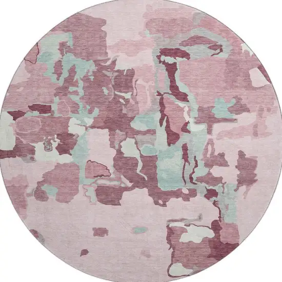 8' Pink Sky Blue And Ivory Abstract Washable Round Rug With UV Protection Photo 3