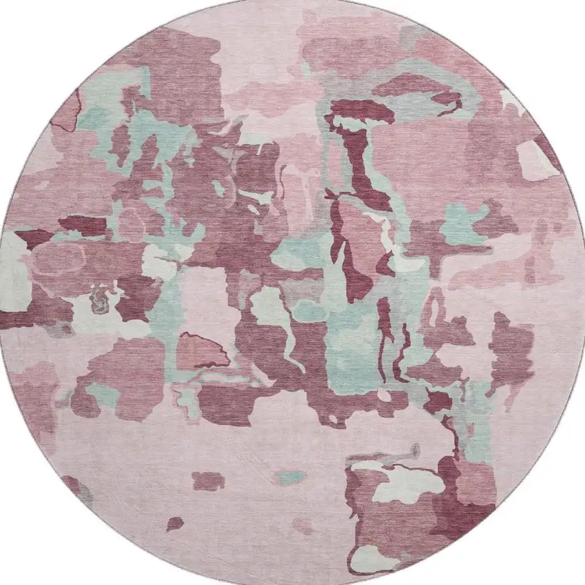 8' Pink Sky Blue And Ivory Abstract Washable Round Rug With UV Protection Photo 3