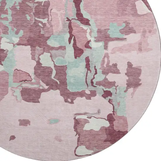 8' Pink Sky Blue And Ivory Abstract Washable Round Rug With UV Protection Photo 2
