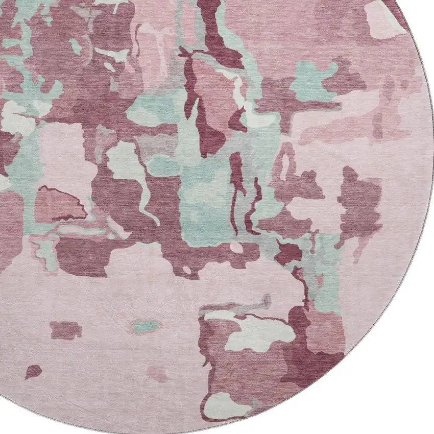 8' Pink Sky Blue And Ivory Abstract Washable Round Rug With UV Protection Photo 2