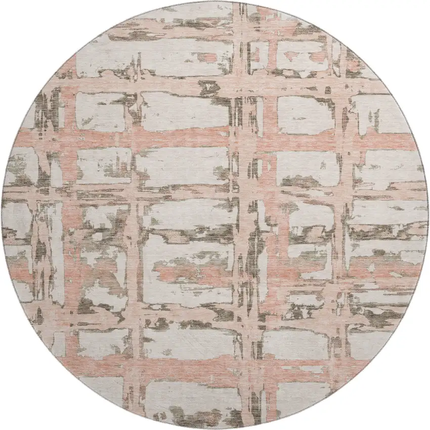 8' Pink Taupe And Beige Striped Washable Round Rug With UV Protection Photo 1