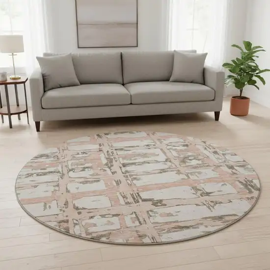 8' Pink Taupe And Beige Striped Washable Round Rug With UV Protection Photo 2