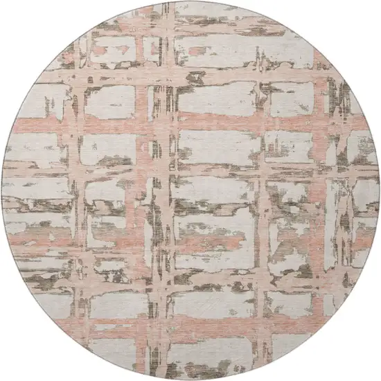 8' Pink Taupe And Beige Striped Washable Round Rug With UV Protection Photo 3