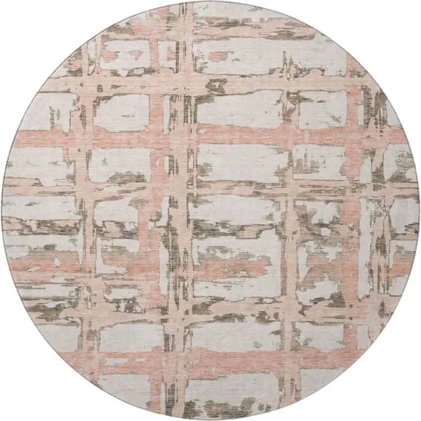 8' Pink Taupe And Beige Striped Washable Round Rug With UV Protection Photo 3