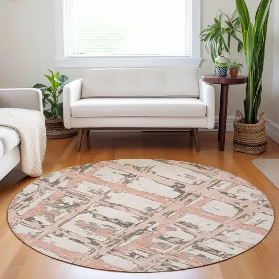 8' Pink Taupe And Beige Striped Washable Round Rug With UV Protection Photo 4