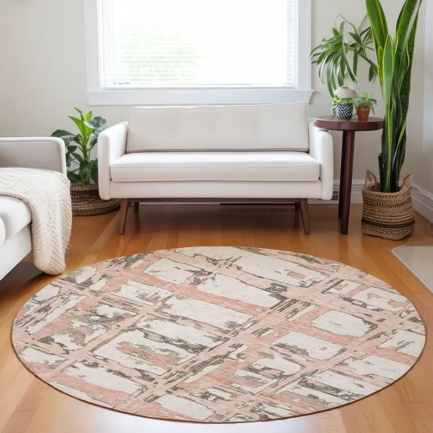 8' Pink Taupe And Beige Striped Washable Round Rug With UV Protection Photo 4