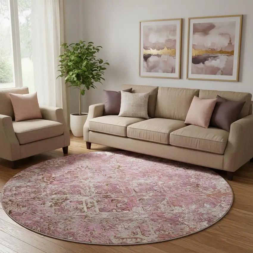 8' Pink Taupe And Ivory Diamond Washable Round Rug With UV Protection Photo 1