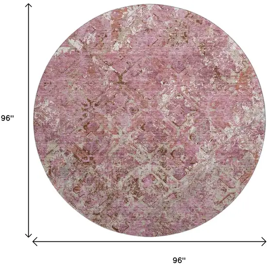 8' Pink Taupe And Ivory Diamond Washable Round Rug With UV Protection Photo 3