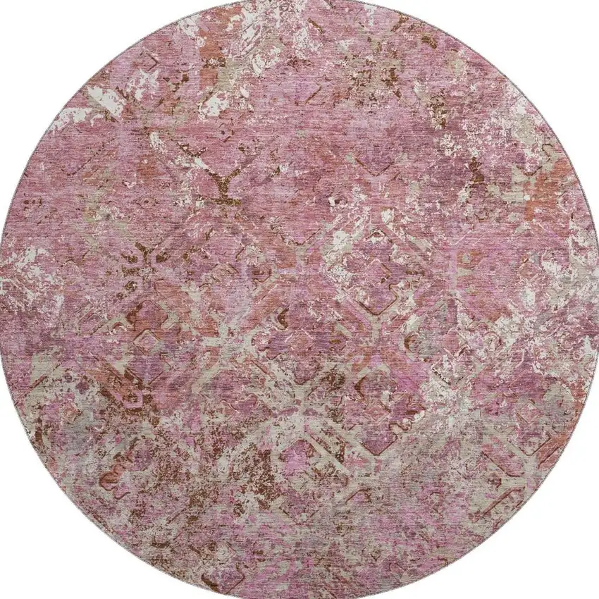 8' Pink Taupe And Ivory Diamond Washable Round Rug With UV Protection Photo 3