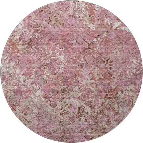 8' Pink Taupe And Ivory Diamond Washable Round Rug With UV Protection Photo 4