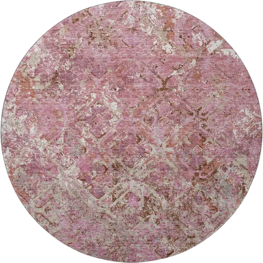 8' Pink Taupe And Ivory Diamond Washable Round Rug With UV Protection Photo 4