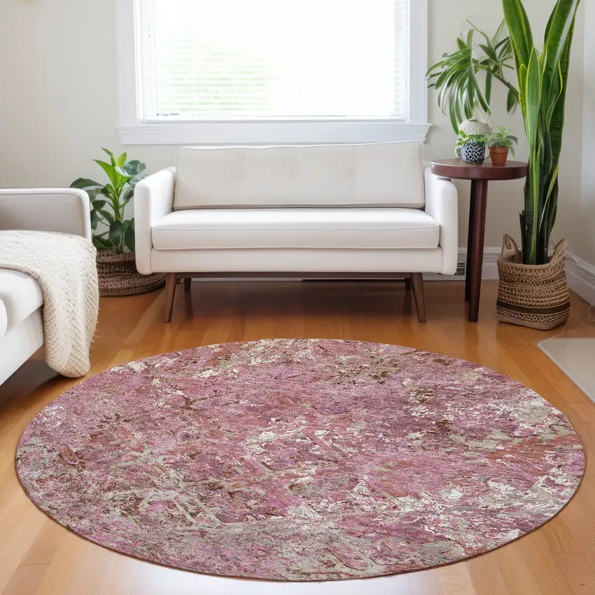 8' Pink Taupe And Ivory Diamond Washable Round Rug With UV Protection Photo 5