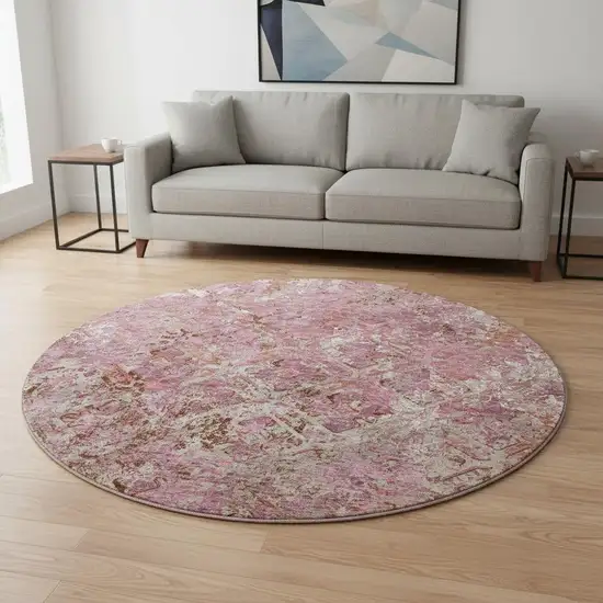 8' Pink Taupe And Ivory Diamond Washable Round Rug With UV Protection Photo 2