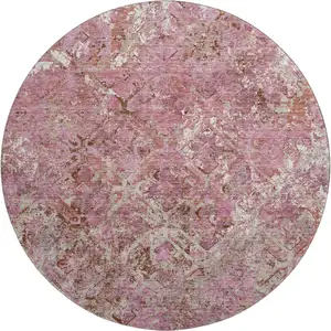 Photo of 8' Pink Taupe And Ivory Diamond Washable Round Rug With UV Protection