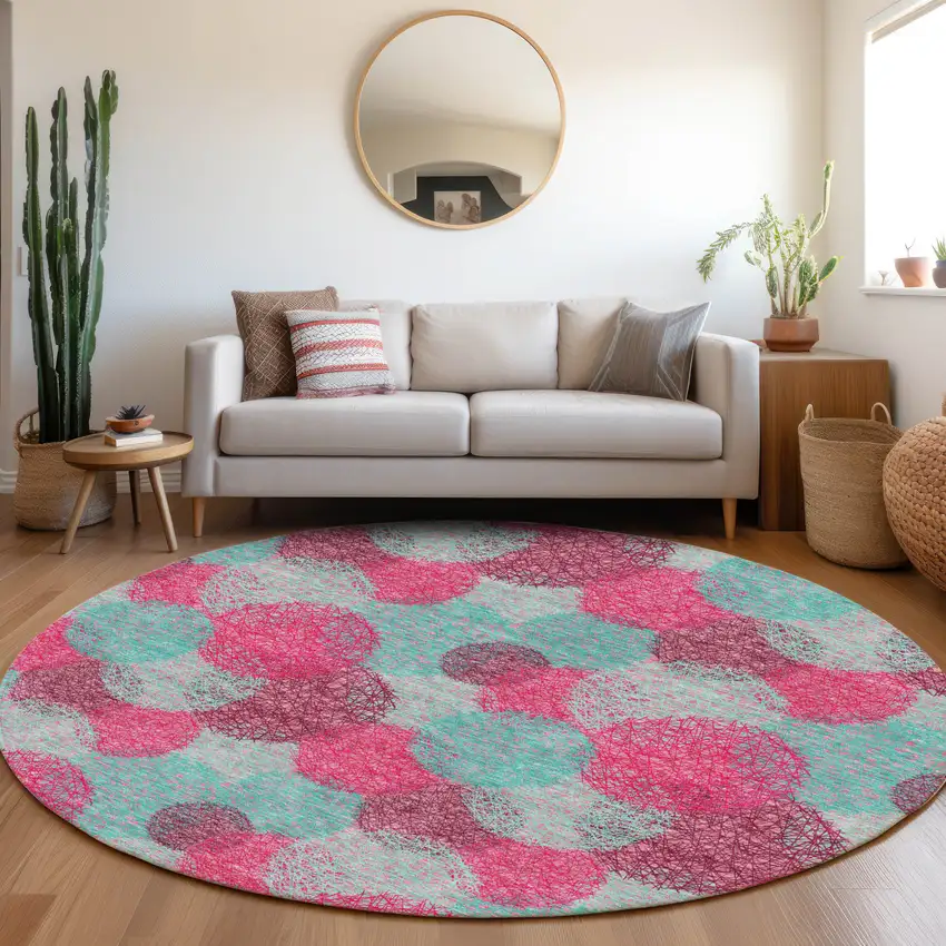 8' Pink Teal And Burgundy Abstract Washable Round Rug With UV Protection Photo 4