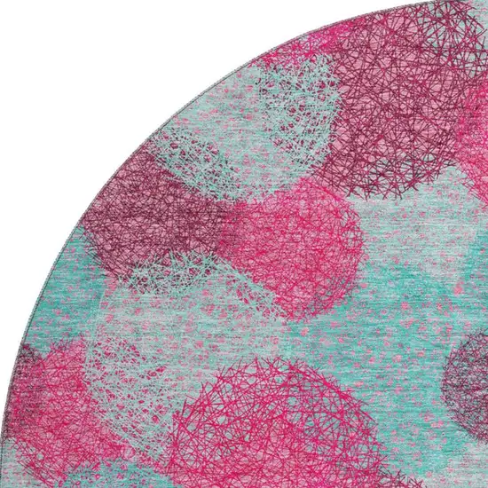 8' Pink Teal And Burgundy Abstract Washable Round Rug With UV Protection Photo 3