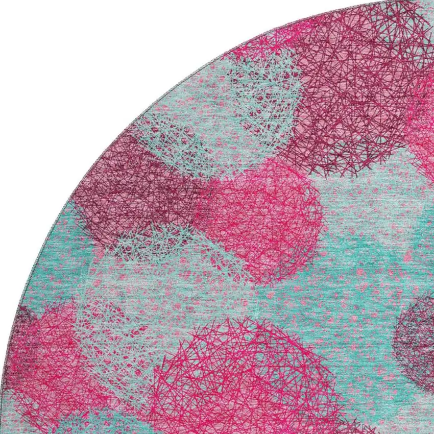8' Pink Teal And Burgundy Abstract Washable Round Rug With UV Protection Photo 3