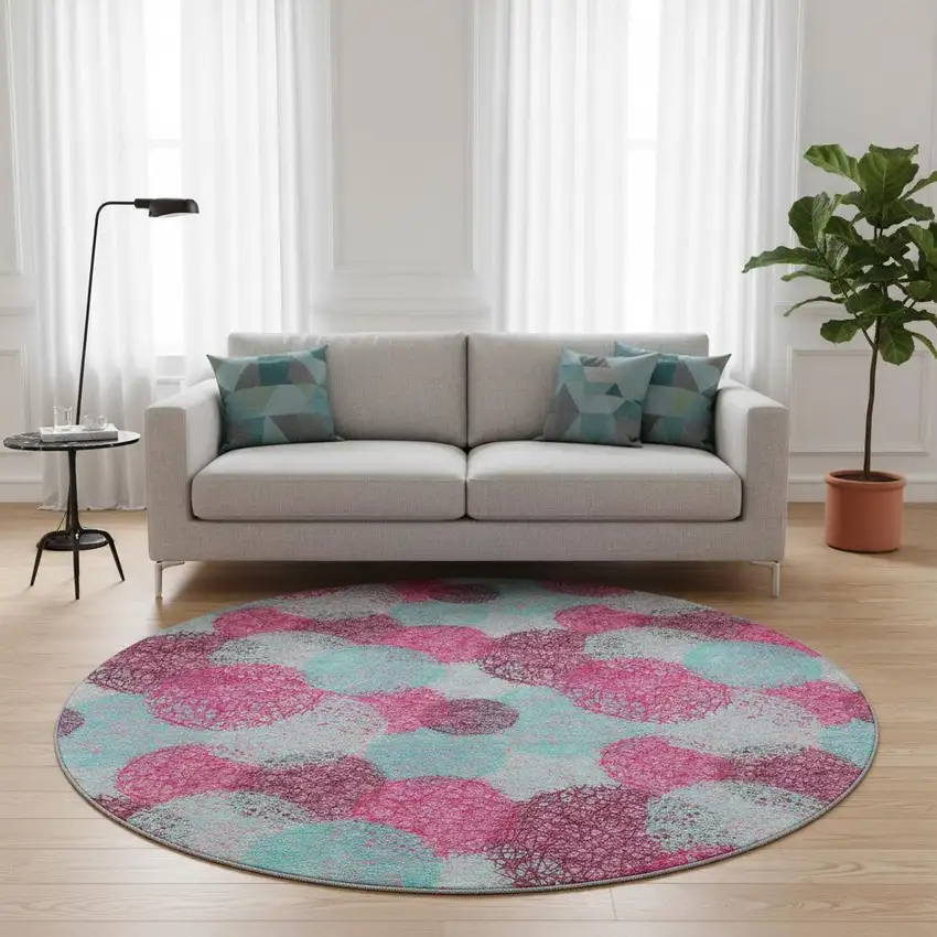 8' Pink Teal And Burgundy Abstract Washable Round Rug With UV Protection Photo 2