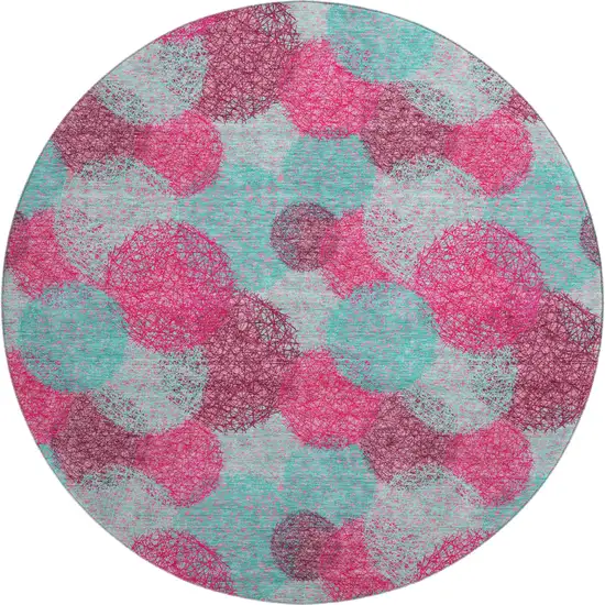 8' Pink Teal And Burgundy Abstract Washable Round Rug With UV Protection Photo 1