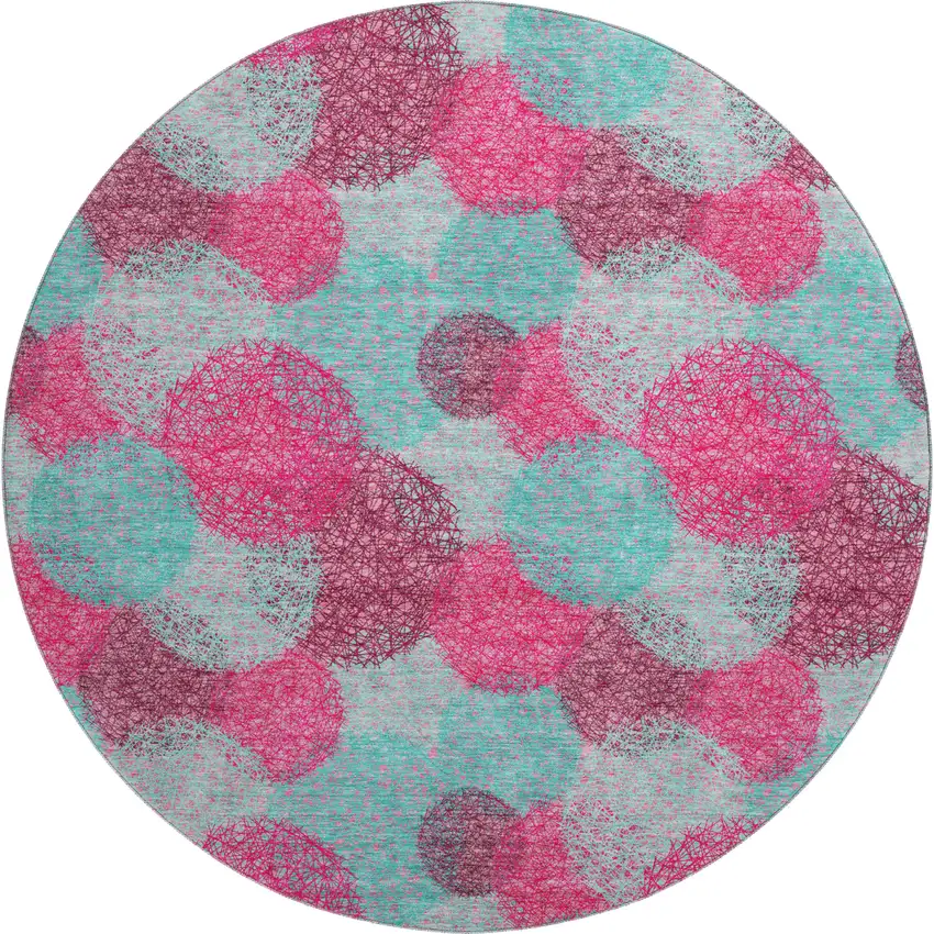 8' Pink Teal And Burgundy Abstract Washable Round Rug With UV Protection Photo 1